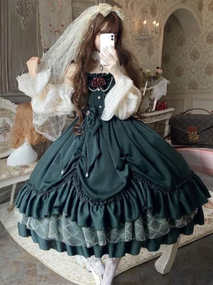 Ink green classic Lolita JSK dress front view worn with pearl rose neck decoration and drop pendant bow embellishment layered ruffled skirt