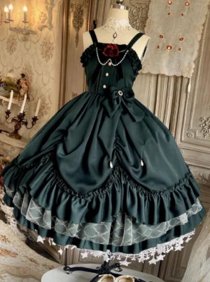 Ink green classic Lolita jumper skirt mannequin display full front view with star lace hem ruched skirt pearl accessories