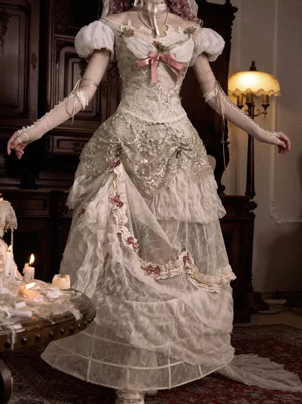 Ivory bustle lolita half skirt with pleated lace design, full front view on mannequin displaying Victorian revival aesthetics and tiered silhouette