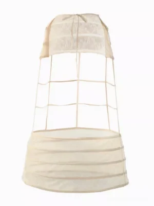 Ivory lolita bustle petticoat cage underskirt flat lay back view showing structured bone framework and ruffled layered construction