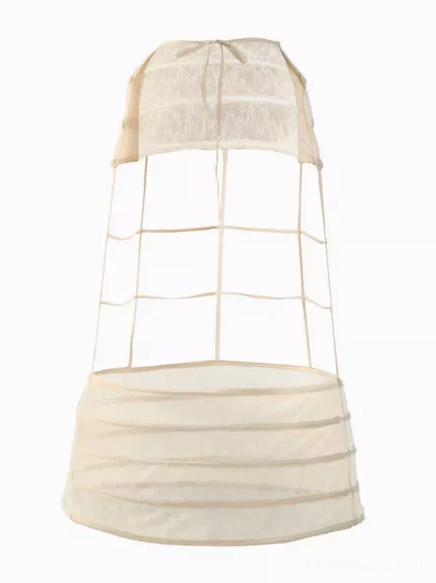 Ivory lolita bustle petticoat cage underskirt flat lay back view showing structured bone framework and ruffled layered construction