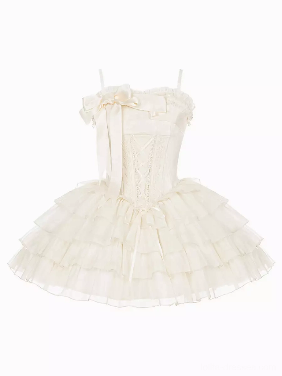 Solo ivory corset Lolita mini dress front flat lay view showing spaghetti straps front bow lace-up corset bodice and tiered tulle skirt construction details