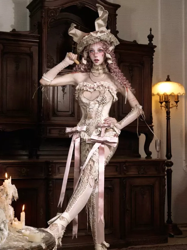 Ivory corset top with matching lace legwear dynamic full body pose showing heart cutout design and pink ribbon details