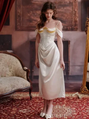 Ivory pearl-strap fairy lolita gown with gold embroidered corset waist, off-shoulder satin midi dress full front view