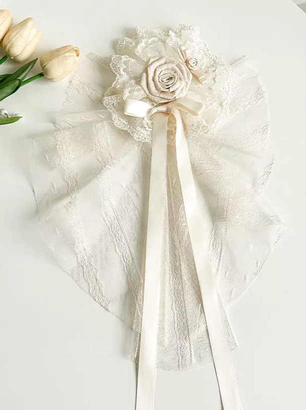 Ivory fairy corset Lolita mini dress styled complete coordinate with accessories, hair veil headpiece, and choker necklace in elegant Lolita fashion setting