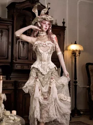 Cream lace boned corset with layered ruffled skirt side view showing structured bodice and vintage indoor setting
