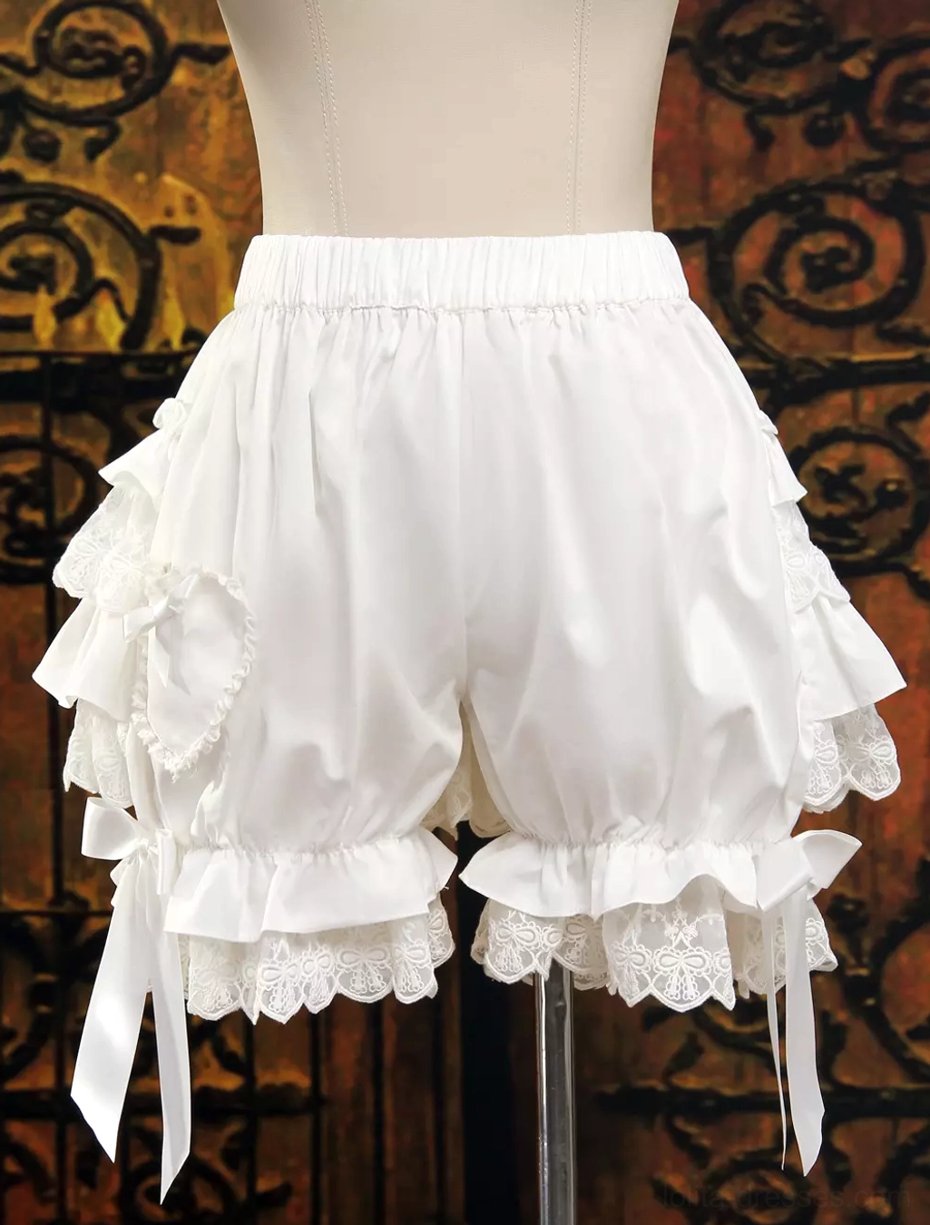 Ivory Lolita bloomers three-quarter front angle view with heart-shaped side decoration lace hem and ribbon ties