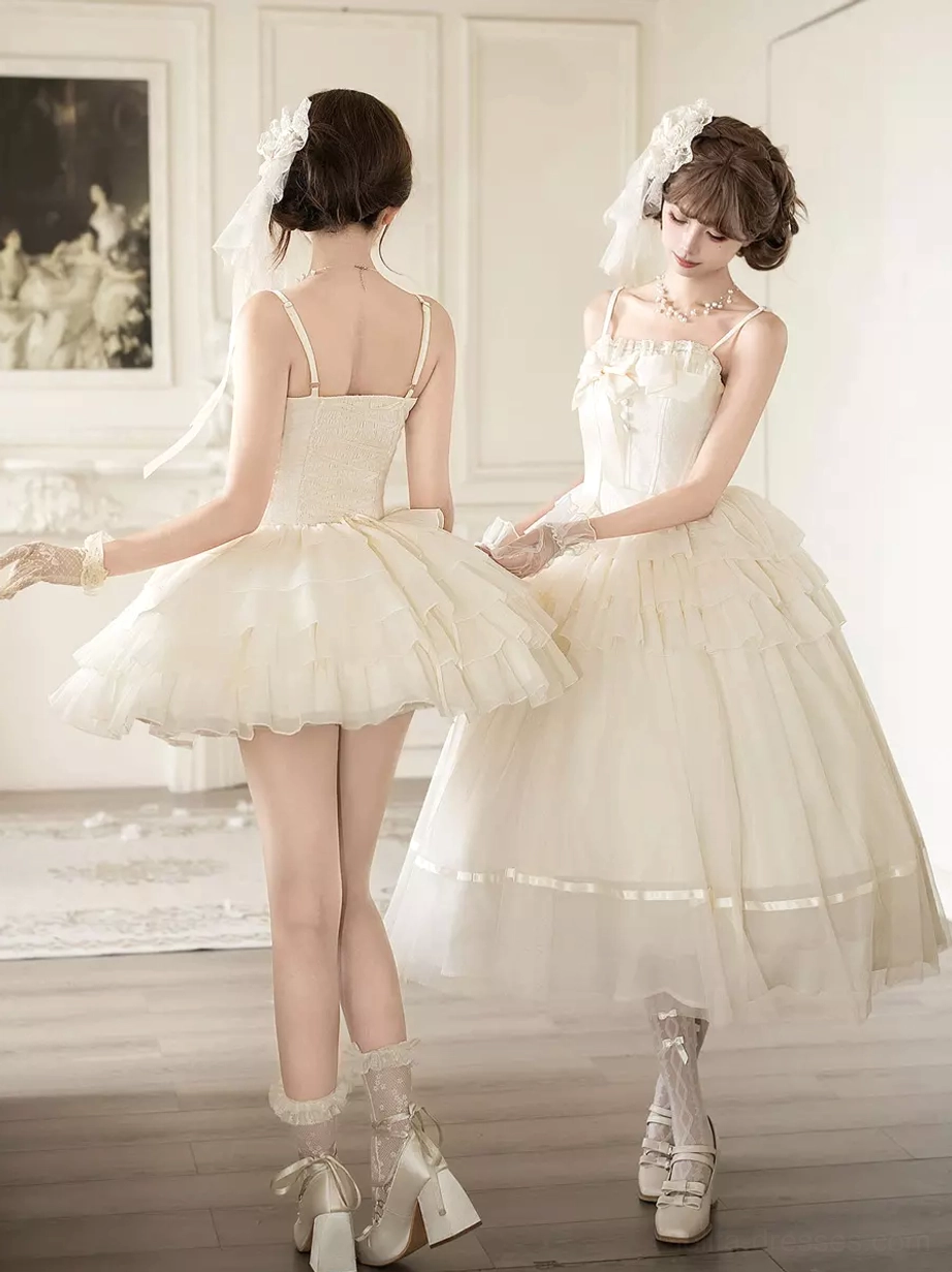 Ivory sleeveless and backless corset Lolita mini dress shown from back and front combined view in minimalist European interior setting