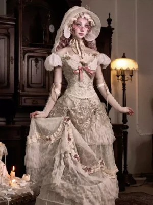 Off-shoulder ivory lolita gown featuring lace embroidery and pink bow accents, styled with vintage bonnet and long gloves for authentic coordination