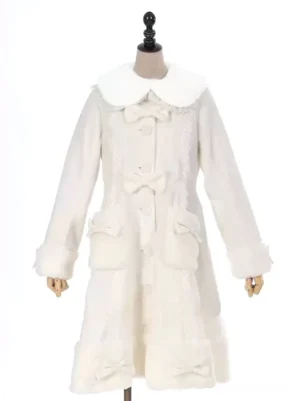 Ivory sweet lolita long overcoat front display showing fluffy doll collar multiple bow trims patch pockets rococo embellishments