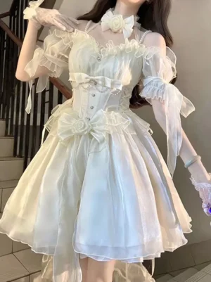 Ivory off-shoulder sweet lolita fairy dress front three-quarter view with sheer puff sleeves, pearl bow embellishments, and corset waist detail