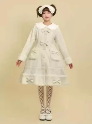 Ivory fluffy doll collar lolita winter coat full front body view with white hair bow and lattice stockings rococo sweet style overcoat