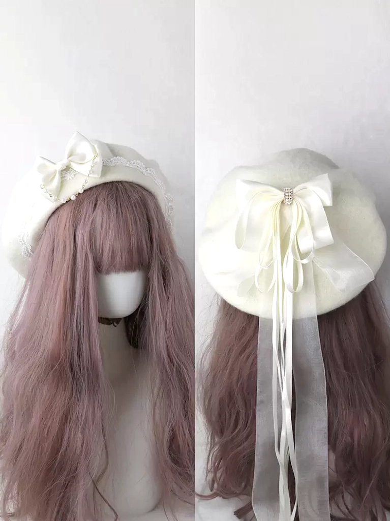 Ivory sweet lolita beret with ivory satin bow long tassel and rhinestone decor headdress