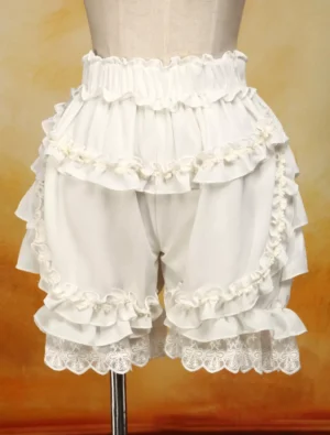 Ivory sweet lolita bloomers front view showing ruffled elastic waist, layered ruffles at leg openings, and delicate lace trim embroidery