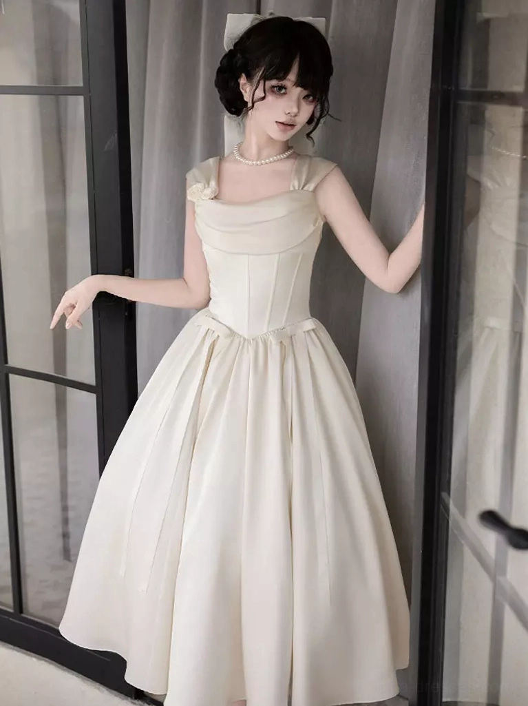 Ivory sweet Lolita midi dress full side front view featuring structured corset bodice, full flared skirt, satin fabric and pearl necklace styling