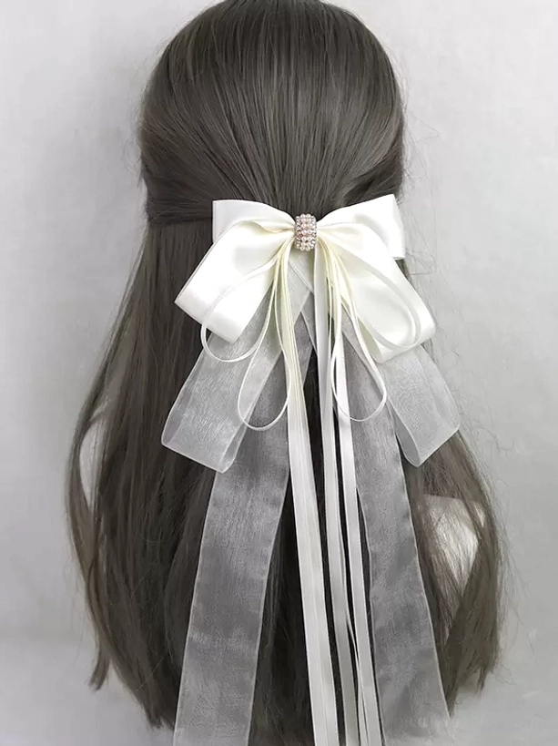Ivory white satin bow hair clip with rhinestone buckle and mixed satin organza long ribbons, lolita headwear sweet accessory back view