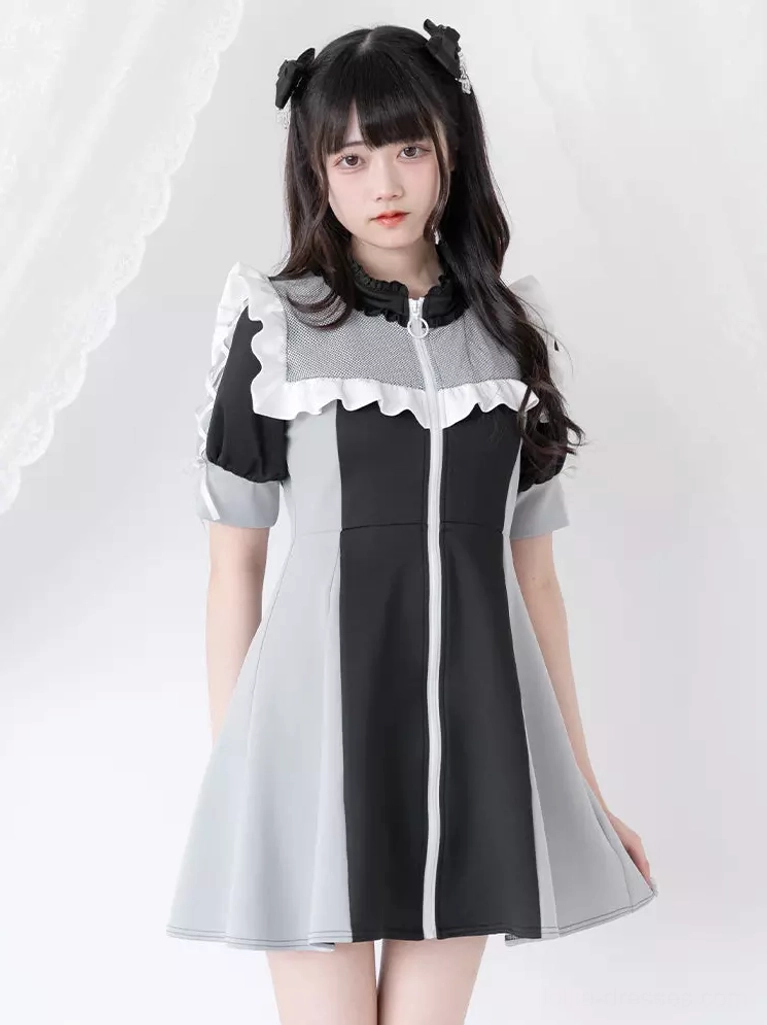 Gray and black contrast lolita mini dress front full standing view with white ruffled collar trim front zip two-tone color block and puff short sleeves