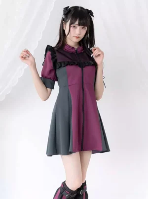 Jirai Kei color block lolita dress front three-quarter view featuring purple and dark gray contrast design with mesh ruffled stand collar and drawstring puff sleeves