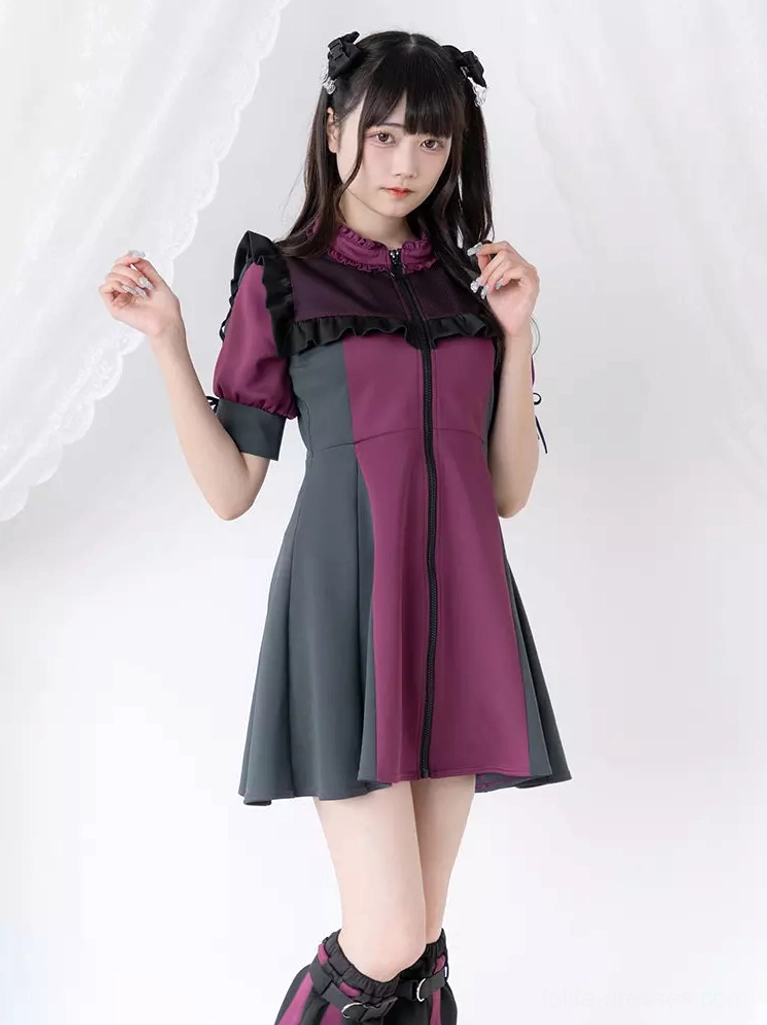 Jirai Kei color block lolita dress front three-quarter view featuring purple and dark gray contrast design with mesh ruffled stand collar and drawstring puff sleeves