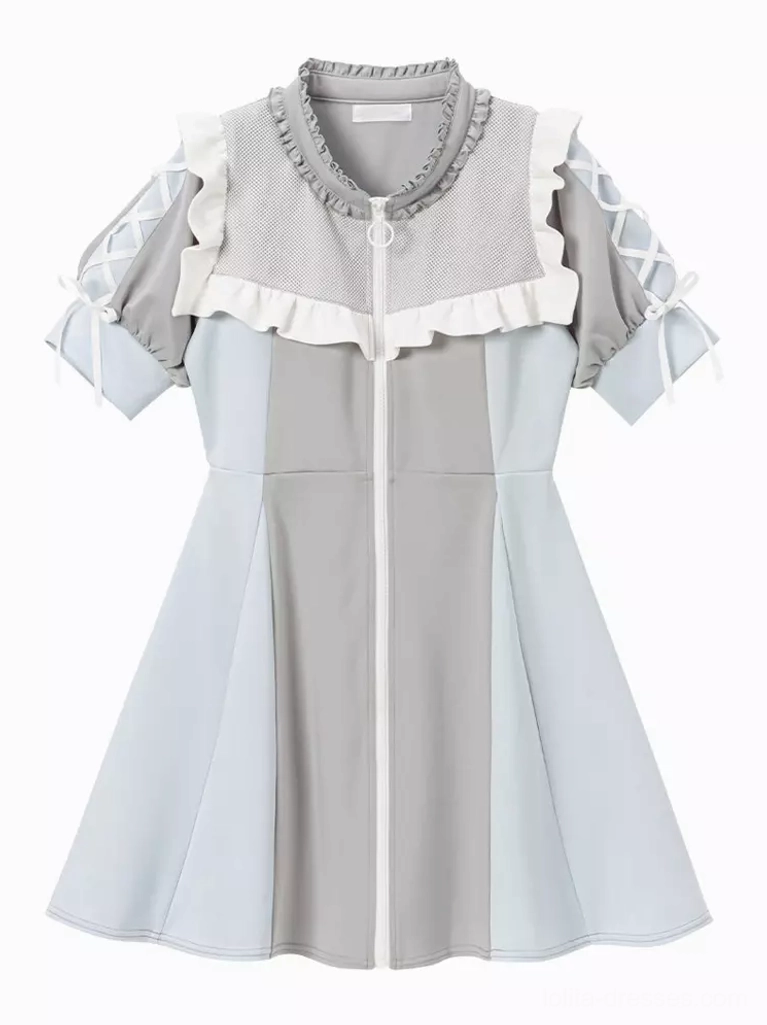 Light gray two-tone lolita dress flat lay front view showing mesh ruffled collar front zip lace-up puff short sleeves and color block panels