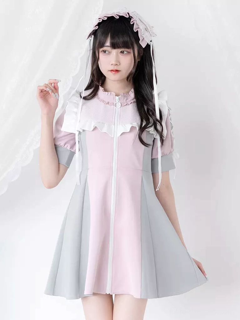 Pink and light gray contrast lolita dress front full view featuring lace frilly headband ruffled stand collar front zip and lace-trimmed puff sleeves
