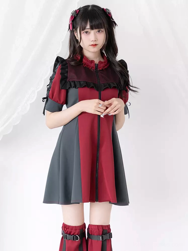 Red and dark gray contrast lolita dress front full view with ruffled stand collar front zip closure red hair accessories and leg covers