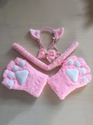 Sweet lolita pink cat ear headband with grey paw pad gloves and tail accessory set featuring bell and bow details