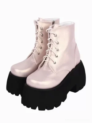 Khaki gothic lolita platform boots front view double pair pale pink metallic PU leather round toe lace-up black lug sole side zipper