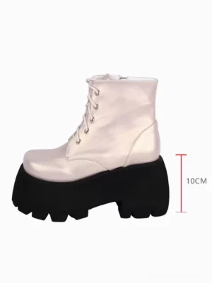 Khaki lolita platform boot right side view single boot 10cm thick wedge platform heel two-tone color lace-up closure detail