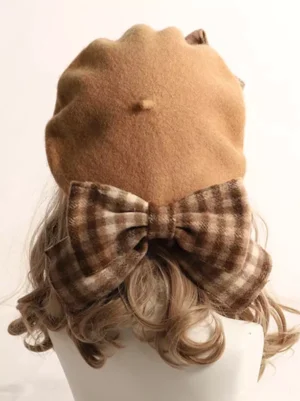 Back view of khaki lolita beret headdress displaying brown checkered decorative bow, fluffy fleece texture detail, and pom-pom accents for classic lolita fashion