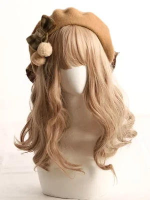 Khaki fleece lolita beret headdress with checkered brown bow and pom-pom decorations worn on mannequin head with curly wig, front three-quarter angle view showing classic lolita headwear design