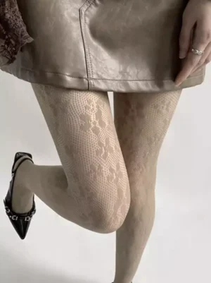 Khaki vintage lace sheer pantyhose side partial leg view with pointed-toe high heels romantic lolita styling