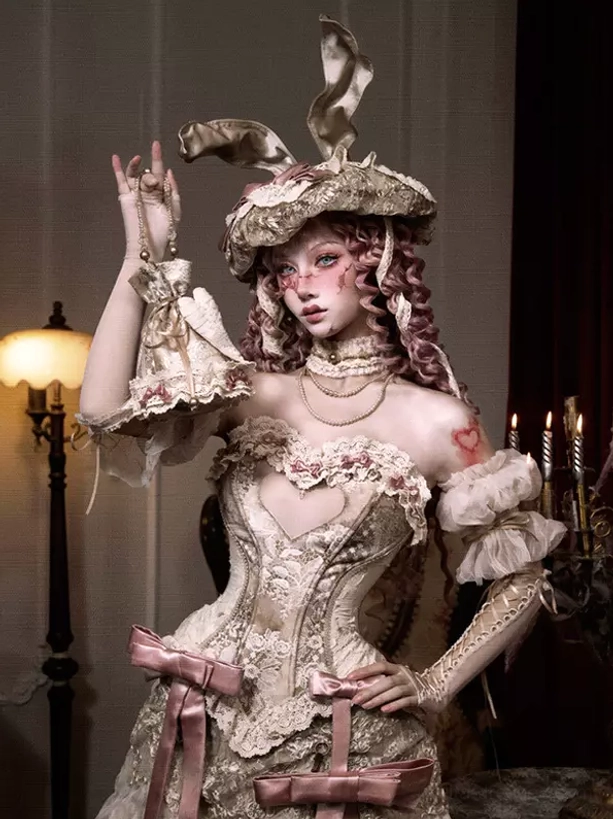 Lace corset with long pink ribbon sashes and hand pose three-quarter side standing shot in vintage room