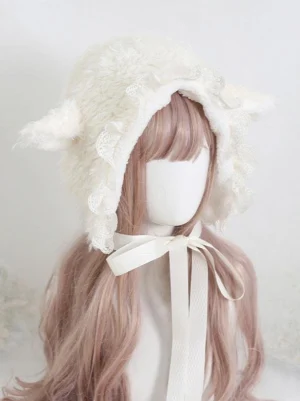 Lolita lamb ear bonnet side three-quarter view displaying lace ruffle detailing and satin neck tie ribbon