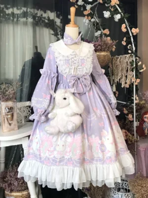 Lavender sweet lolita dress with bunny print and lace collar worn on dress form in vintage floral shop setting, featuring white ruffled hem and long sleeves