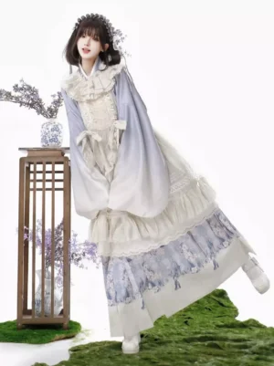 Three-quarter side view of lavender Classic Lolita three-piece set showing model with lifted foot, highlighting gradient ombre wide sleeves and layered ruffled skirt hem details