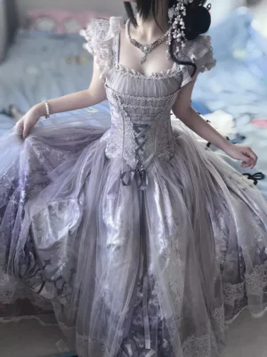 Lavender fairy lolita ball gown with lace-up corset bodice close-up detail view showing ruffled tulle sleeves and lace trim accents