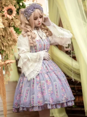 Lavender floral print sleeveless lolita jumper skirt side-front angle showing layered ruffled construction and pastoral design with blonde curly-haired model wearing purple headband