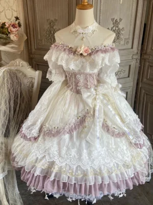 Lavender and ivory hime lolita dress front view on mannequin showing off-shoulder lace neckline floral corset bodice and voluminous ruffled skirt with lace trim