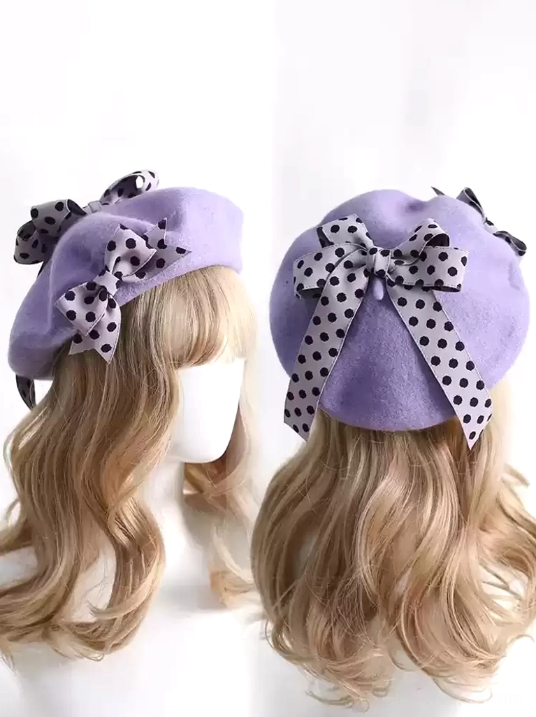 lavender purple sweet lolita beret with tone-matched polka dot ribbon bow accent view