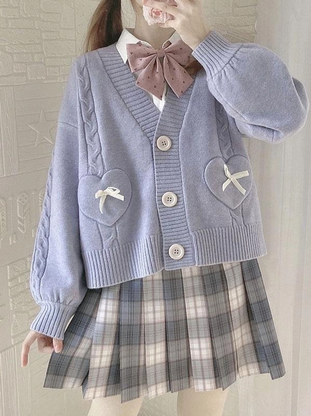 Lavender purple lolita sweater cardigan with brown bow tie heart bow pockets front button closure and cable knit details