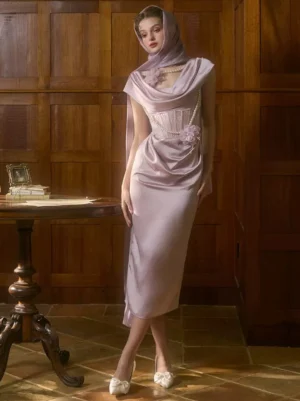 Side profile view of lavender lolita dress with matching coordinating head scarf, displaying the flowing midi length and graceful satin fabric drape