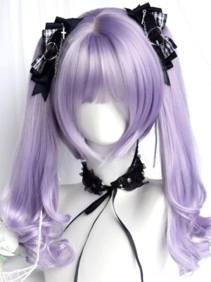 Lavender lolita wig with checkered black bow clips and metal chain decorations displayed on mannequin with lace choker white background