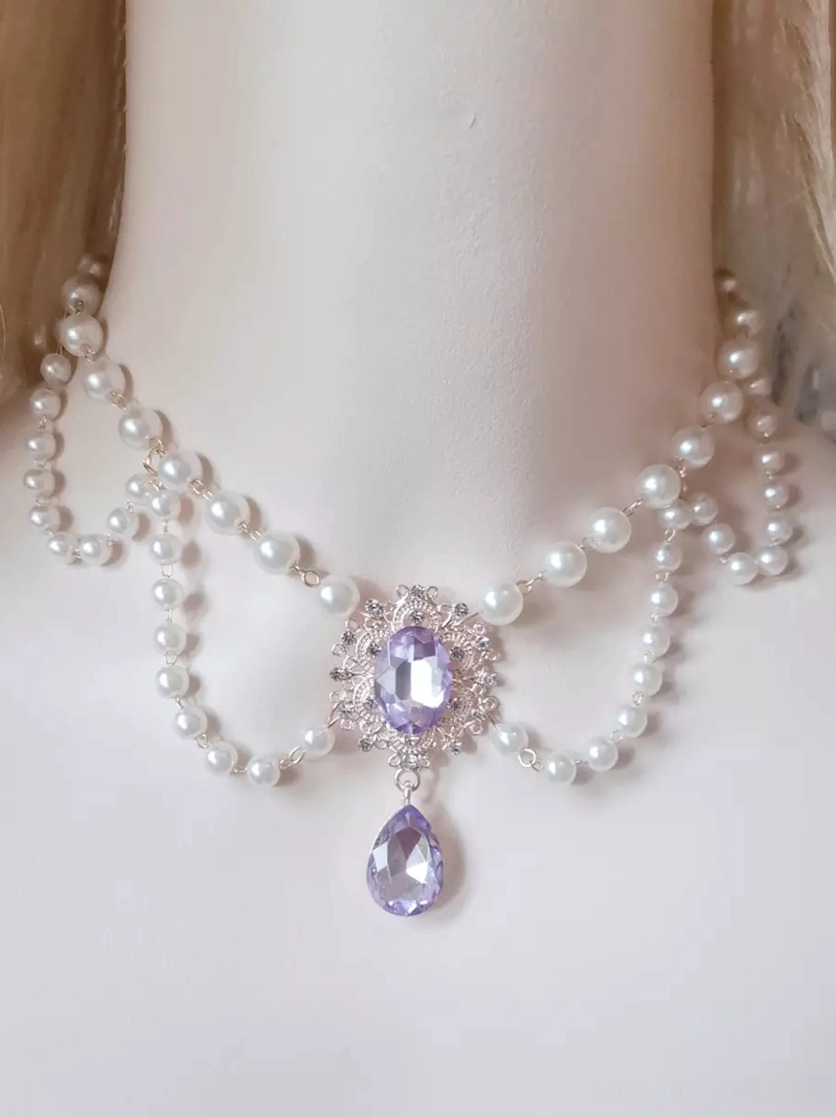 Lavender gemstone pearl choker with silver filigree pendant, double-layer white pearls, and oval teardrop rhinestones for Sweet Lolita coordination