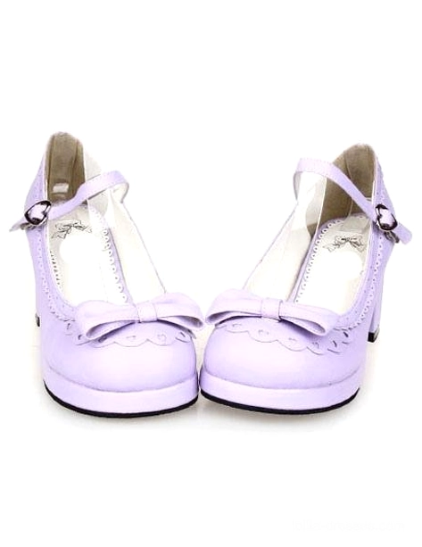 Lavender purple sweet lolita chunky heel shoes with bow embellishment and ankle buckle strap front view