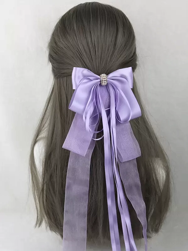 Lavender purple satin bow hair clip with rhinestone fastener and mixed satin organza ribbons, lolita headwear accessory back display