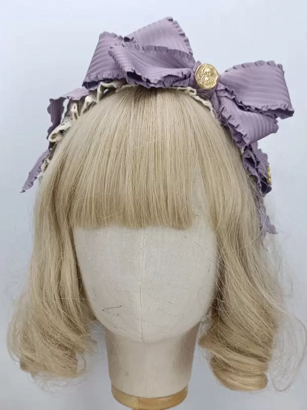Lavender purple striped sweet lolita bow hairband featuring beige ruffles and vintage gold round brooch - lolita headdress