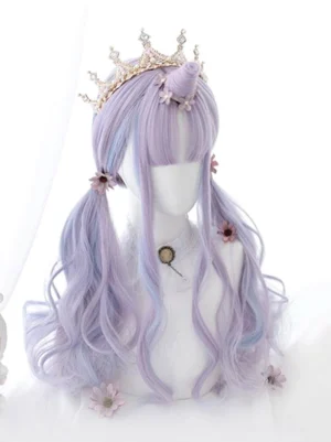 lavender rococo lolita long curly wig with twin wavy ponytails decorated with crown and unicorn horn accessories on white mannequin head with vintage choker front three-quarter view