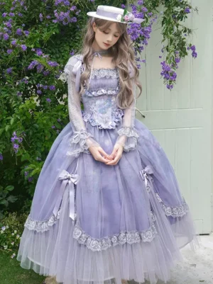 Lavender vintage Sweet Lolita formal dress with matching boater hat, front full-body view in outdoor purple wisteria garden, featuring square neckline, sheer lace sleeves, corset waist and layered purple tulle skirt with white lace trims