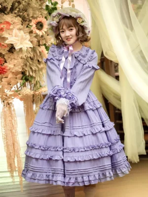 Lavender sweet lolita dress with ruffled peter pan collar and bow necktie front full-body view on female model